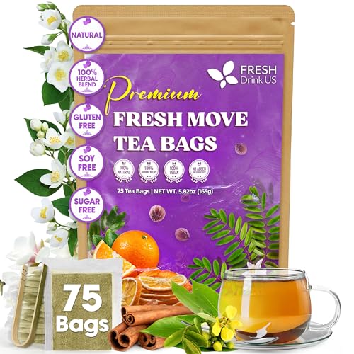 Image of FreshDrinkUS, Fresh Move Tea - 75 Tea Bags - Herbal Tea Blend with Senna Leaves, Cinnamon, Orange Peel, Ginger & More - Caffeine-Free, Natural Ingredients - Smooth Flavor for Everyday Enjoyment