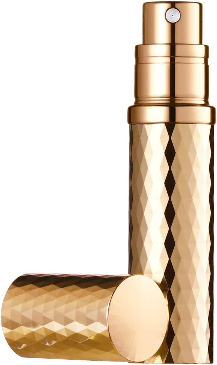 Aurdox Parfumverstuiver, 5 ml navulbare reisgrootte parfumfles, lekbewijs, bodempomp zonder trechter, elegante portalbe-maat voor vrouwen en mannen, dimond-ontwerp (goud)