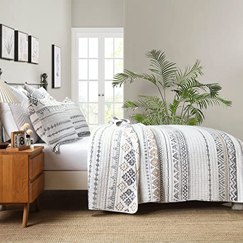 Finlonte Quilt Boho Quilt Set Boho Bedding Bedspreads Queen Size, 3 Pcs White Grey Bohemian Quilt Set With Striped Printed For All Season #TOP2