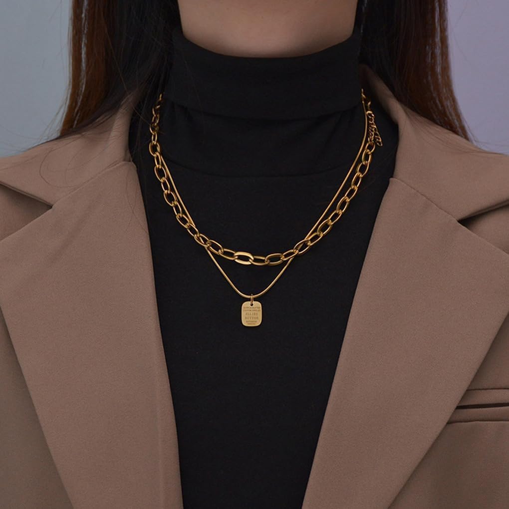 Chunky Gold Layered Necklaces for Women Vintage Square Pendant Long Necklace Paperclip Chain Stacked Choker Necklaces Beautiful Festival Jewelry - Image 4