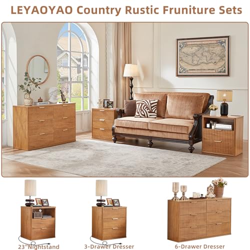 LEYAOYAO Fluted 6 Drawers Dresser for Bedroom, 48" Wide Modern Chest of Drawers with Metal Handle, Brown Curved Profile Farmhouse Closet Organizer Wood Dressers TV Stand for Living Room, Hallway