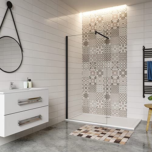 130x200CM BARRA 140 CM MAMPARA DE DUCHA PUERTA FRONTAL FIJA MARCO NEGRO CRISTAL 10 MM ANTICAL EASY CLEAN TRANSPARENTE