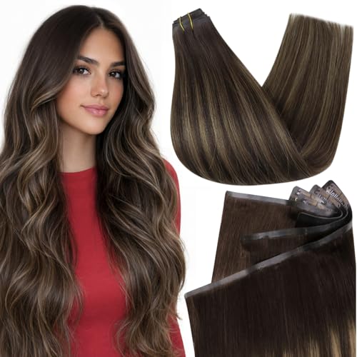 Image of Full Shine Seamless Clip in Human Hair Extensions, Balayage Brown 150g | 20 Inch, Dark Brown to Ash Blonde, Invisible PU Weft Clip-Ins, Full Length Volume Blend for Medium Hair Density, 8 Pcs