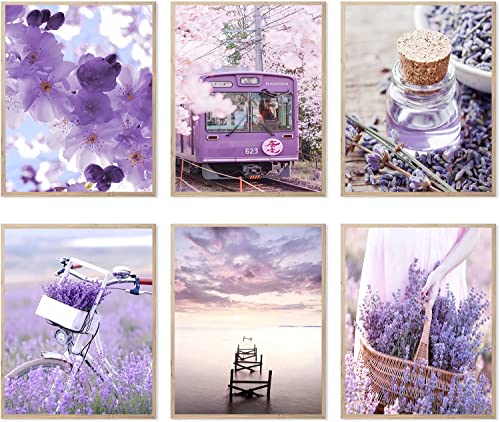 Purple Lavender Flowers Posters Wall Art Decor,Wreath Train Bike Purple Landscape Painting Wall Decor,Purple Room Wall Decor,France Provence Fields Scenery Poster Bedroom Artwork Wall Decor,Nordic Landscape Painting For Girls Room Aesthetics Decor Bedroom And Living Room And Bathroom Decor,Set Of 6(8''X10''Inches,Unframed). #TOP28