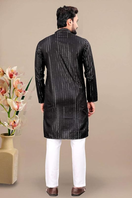 Image of FASHION GALLERY Men's Solid Pattern Polycotton Kurta with Long Sleeve Round Neck Knee Length and Pull On Closure Type|Men Kurta Pajama Set