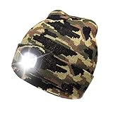 AONAN USB Rechargeable LED Beanie Cap, Lighting and Flashing Alarm Modes Ultra Bright 4 LED Hands Free Flashlight Unisex Winter Warmer Knit Cap Hat (Camouflage)
