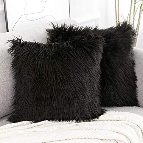 WLNUI Set of 2 Black Decorative Pillow Covers New Luxury Series Merino Style Faux Fur Fluffy Throw Pillow Covers Square Fuzzy Cushion Case 18x18 Inch Cover