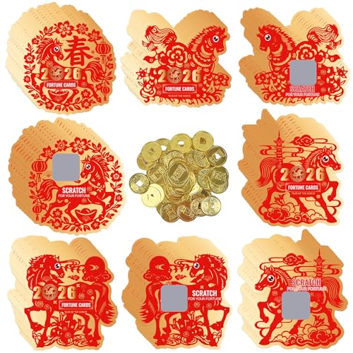 LAIAMER 64 Sets Chinese New Year Fortune Cards with Feng Shui Coins - Years of The Horse Gifts Lunar New Year Scratch Cards Fortune for 2026 News Years Party Games Party Favors