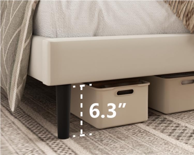 Queen Size Platform Bed Frame with Velvet Upholstered Headboard, Queen Bed Frame with Strong Wood Slats, Box Spring Optional, Mattress Foundation, Easy Assembly Beige - Image 6