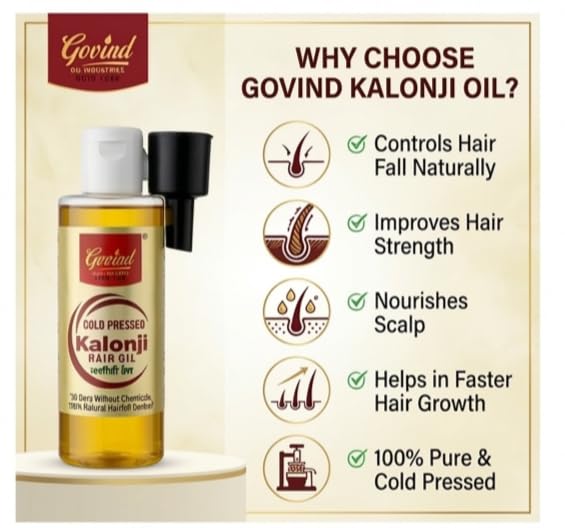 Image of Govind Oils Cold Pressed Kalonji (Black Seed) Oil 100ml - Organic Certified 100% Pure for Hair Growth, Hair Fall