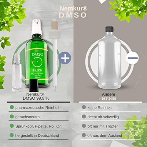 DMSO zestaw 99,9% 100 ml – jakość farmaceutyczna – z głowicą natryskową, pipetą, wałkiem i kroplaczem – wyprodukowany w Niemczech (3 x 100 ml zestaw)