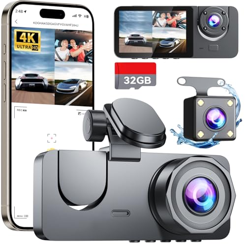 Dash Cam Front and Rear Camera, 4K Full HD 3 Channel Dash Camera for Cars, Free 32GB Card, Dashcam...
