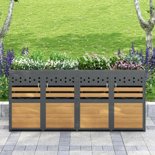 Merax Mülltonnenbox 4er Set mit Pflanzdach, für 120-240 Liter, Anthrazit Tür in Holzoptik, Erweiterbar, Garten Aufbewahrungsbox für Mülltonnen