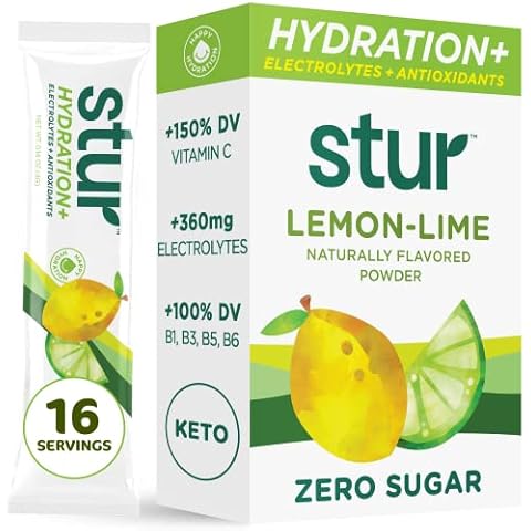 Stur Electrolyte Hydration Powder | Lemon Lime | High Antioxidants & B Vitamins | Sugar Free | Non-GMO | Daily Hydration & Workout Recovery | Keto | Paleo | Vegan (16 Packets) Cover