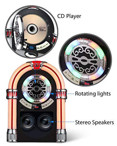 UEME Retro Tabletop Jukebox with CD Player, Bluetooth, FM Radio, AUX-in Port and Color Changing LED Lights