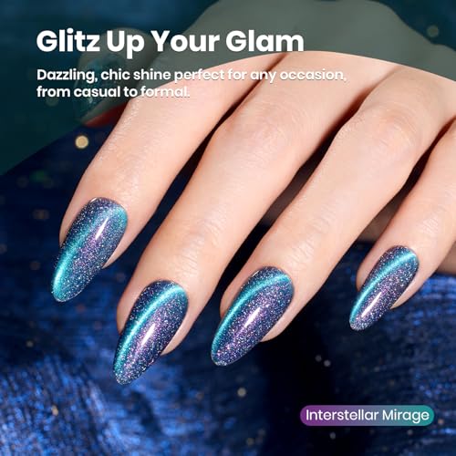 Image of Beetles Cat Eye Gel Nail Polish - 15ML 9D Cat Eye Chameleon Blue Glitter Gel Polish Interstellar Mirage Blue Purple Magnetic Shimmer Effect Soak Off UV Salon DIY Manicure Gifts for Women