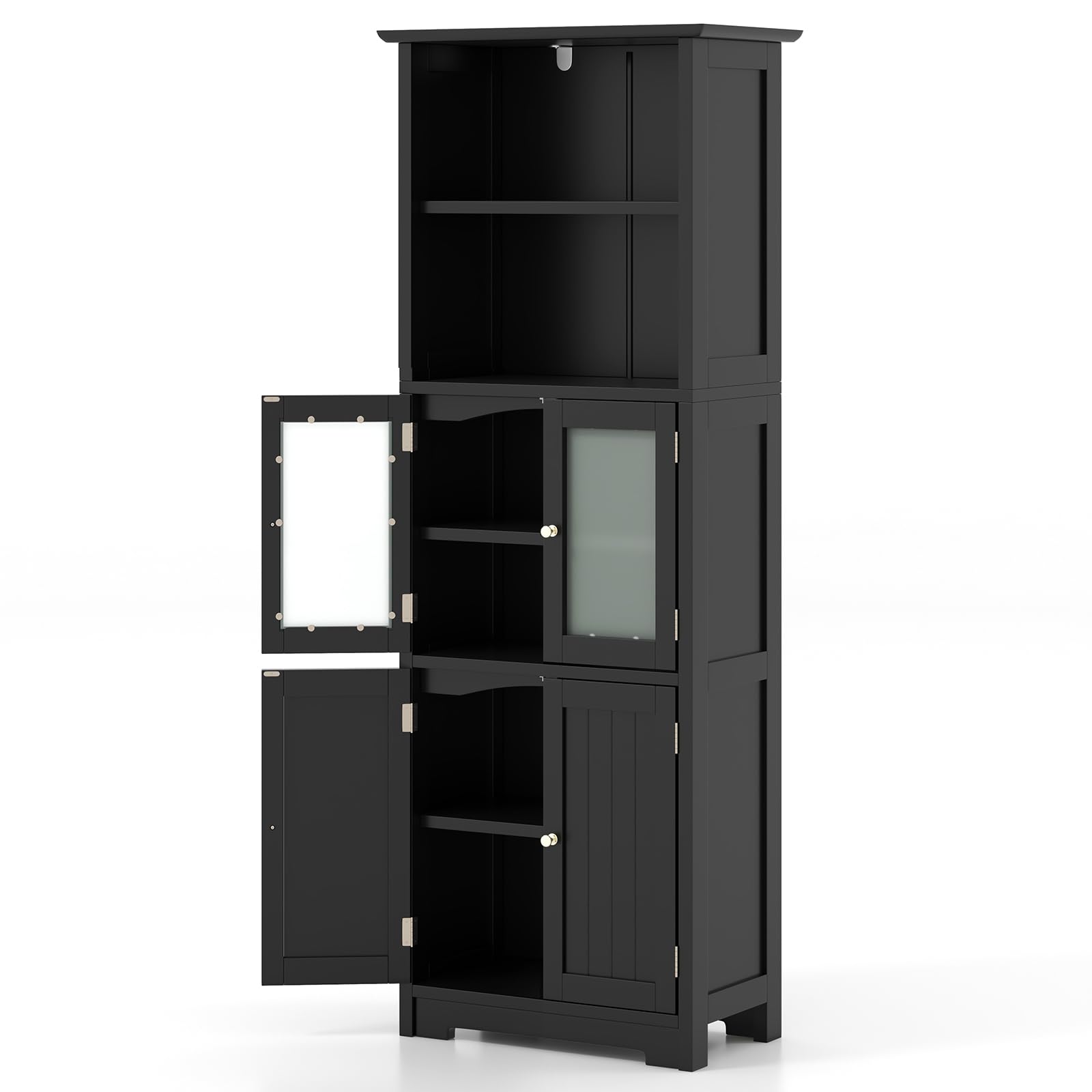 LIFEZEAL Mobiletto Alto da Bagno Salvaspazio, Mobiletto Multiuso in Legno, 60x30x163cm, Mobile Bagno con 2 Ante in Vetro, Armadietto da Terra con Ripiani Regolabile per Cucina e Soggiorno (nero)