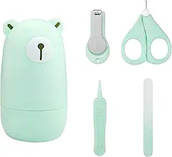 Kit Cortador de Unhas para Bebê com Tesoura Pinça Lixa Estojo de Urso e Design Seguro Portátil (Verde)