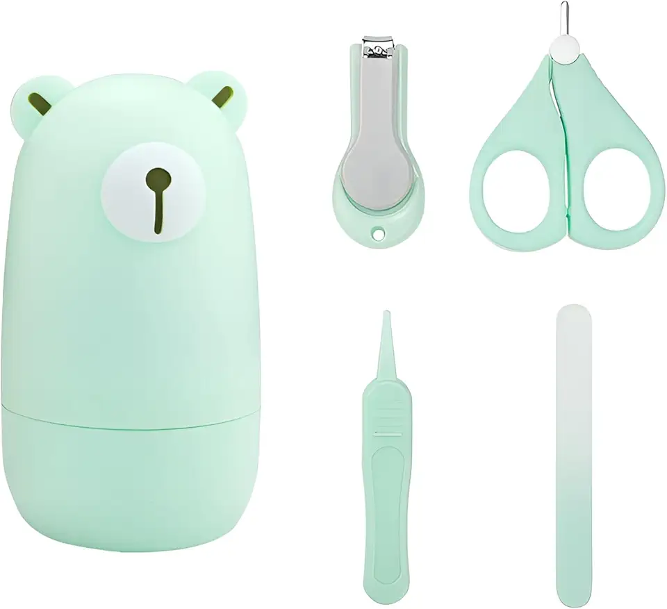 Kit Cortador de Unhas para Bebê com Tesoura Pinça Lixa Estojo de Urso e Design Seguro Portátil (Verde)