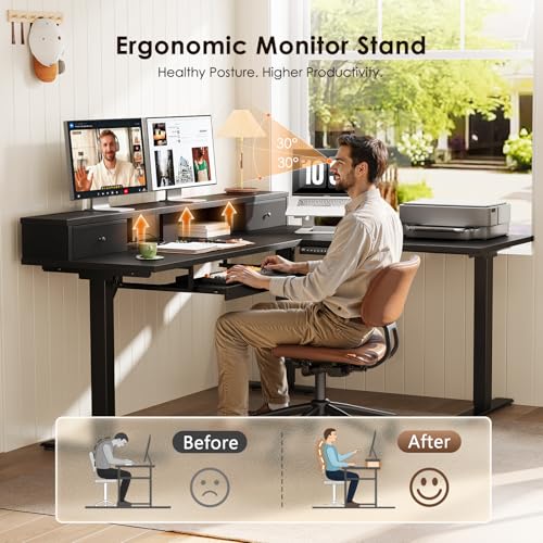 Image of OffiGo 59 Inch L Shaped Electric Standing Desk with Drawers, Black