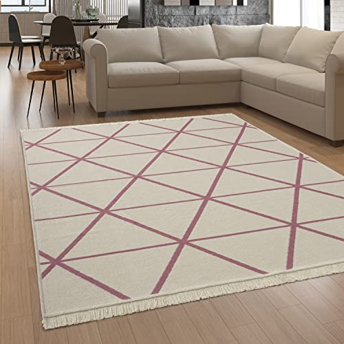 Paco Home Teppich Wohnzimmer Schlafzimmer Boho Design Waschbar Bis 30 Grad Skandinavisch Mit Fransen Wendbar Moderne Deko, Grösse:160x220 cm, Farbe:Pink 2