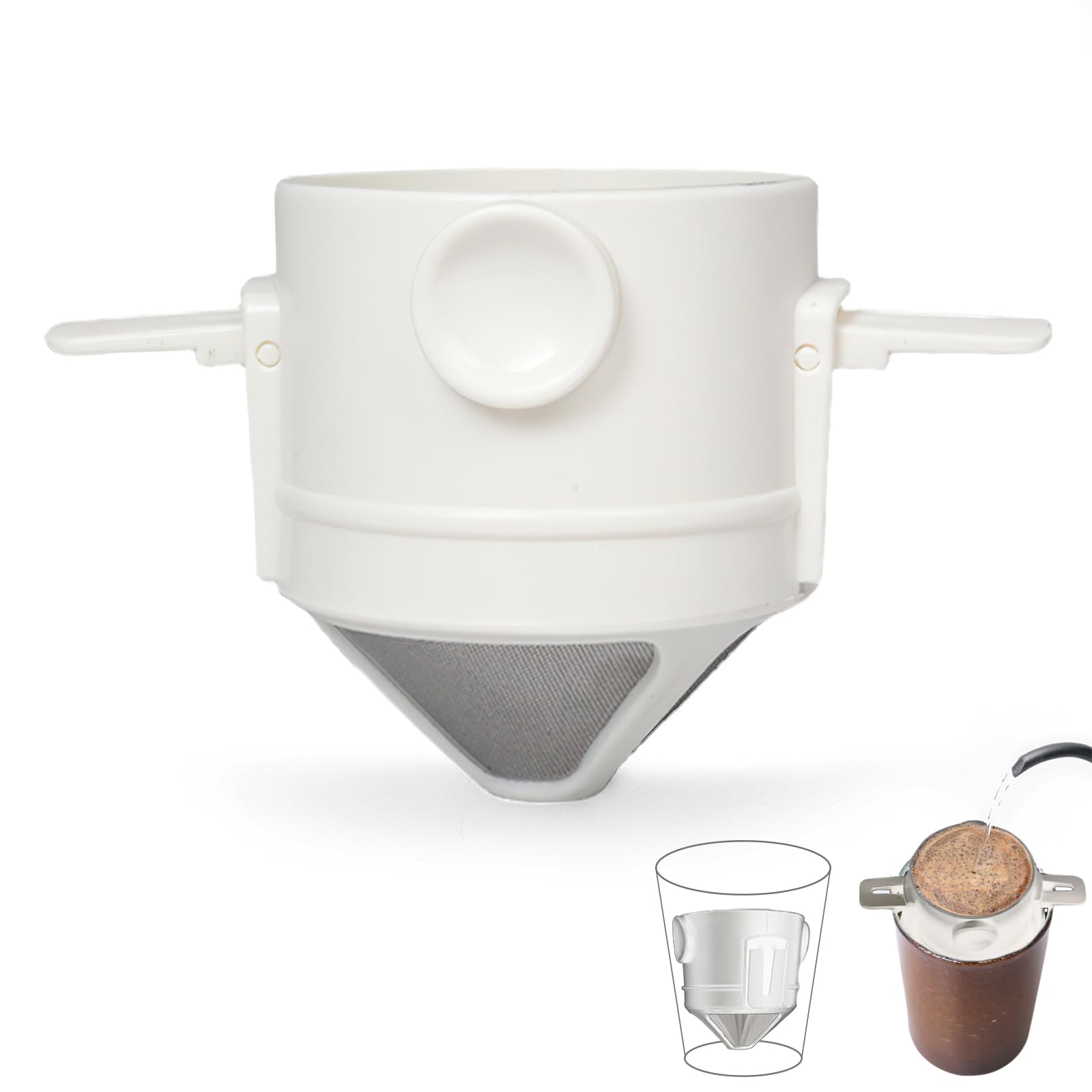 Reusable Pour Over Coffee Dripper, Portable Stainless Steel Cone Coffee Filter with Collapsible Holders, Paperless Coffee Maker 1-2 Cup for Home, Office and Travel Camping (White)
