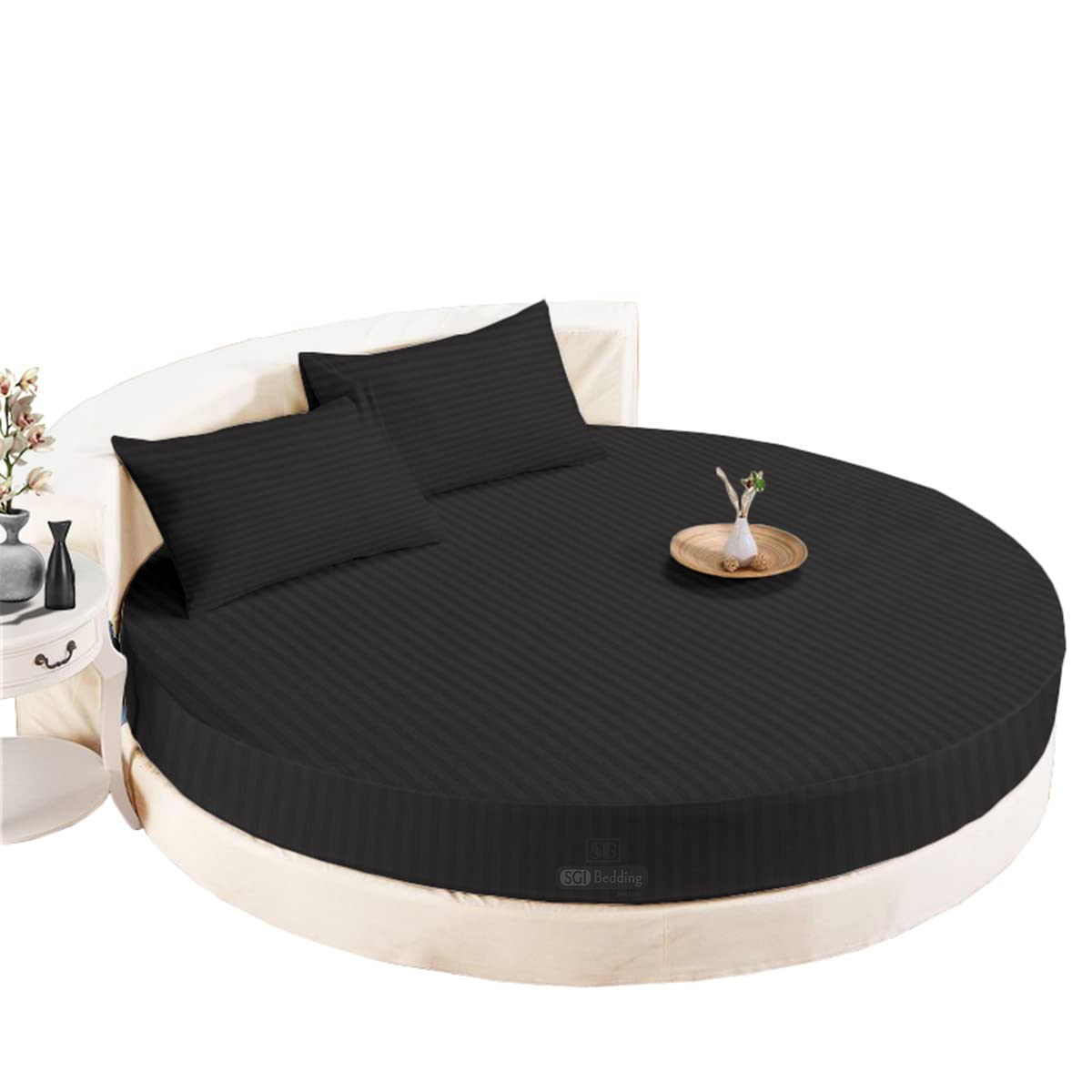 SGI Round Fitted Bedsheet with Pillow Covers 300 Thread Count 96" Diameter Fits Upto 12" Deep Pocket Colour: Dark Grey Stripe Pattern All Around Elastic Soft & Durable Bedsheet