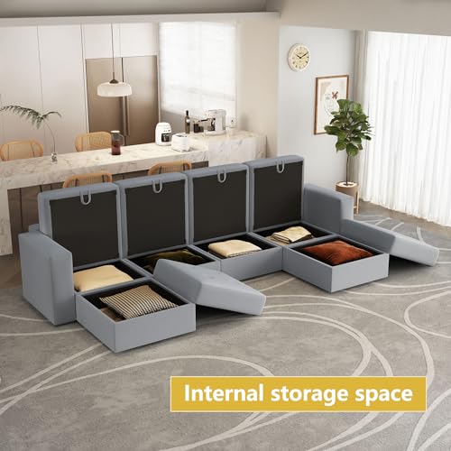 Image of QHITTY U Shaped Sectional Modular Sofa, 6 Seater Accent Couch with Hidden Extra Large Storage Space for Living Room, Grey
