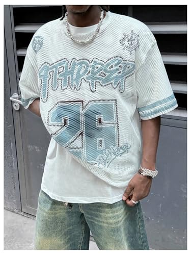 Verdusa Men's Mesh Hollow Out Letter Print Jersey T Shirt Round Neck Tee Tops3