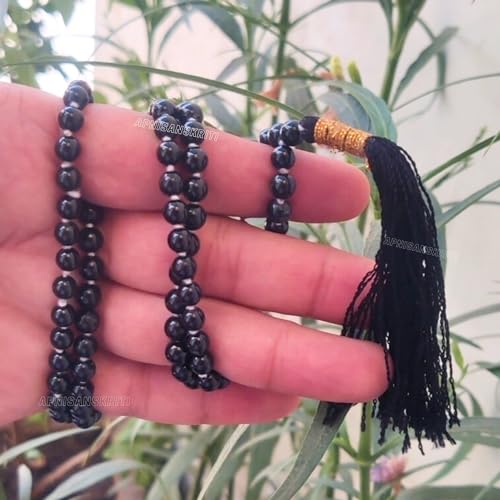 Image of Apnisanskriti Premium Black Tourmaline Stone Mala for Men and Women (6mm, AAA Quality, Lab Certified, 108+1) - Natural Stone Beads Mala - Pack of 1