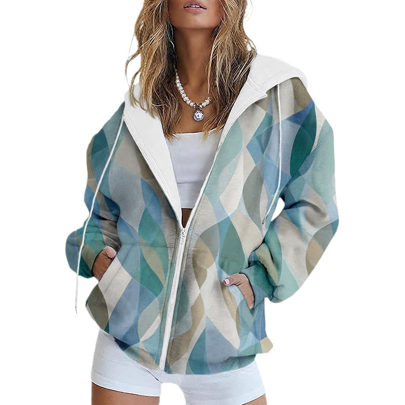 Maple Leaves Zip Up Hoodie Women Oversized Graphic Hoodies Drawstring Fall Fashion Hooded Sweatshirt with Pockets