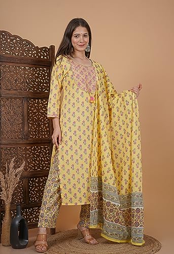 Image of MEERA FAB Women's Cotton Printed Green Printed Straight Embroidery Kurta with Palazzo & Dupatta Set