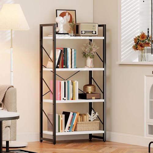 DWVO 4 Tier Modern Bookcase, Narrow Book Shelf Organizer for CD/Movie, Bedroom Office Living Room, White & Black