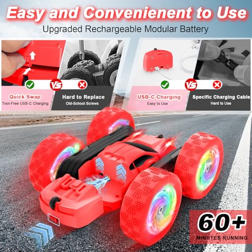 Image of Remote Control Car, Outdoor Toys RC Cars for Kids Ages 6-12, 4WD Double Sided Stunt Vehicle with Upgraded USB-C Modular Batteries, 5 6 7 8 9 10+ Year Old Boy Birthday Red