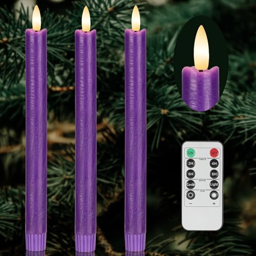 Image of Purple Flameless Taper Candles with Remote, 3 Pack Real Wax Battery Operated Candles, 9.6 Inch Flickering Led Christmas Candlesticks Decorations for Winter Home Holiday Xmas Gift