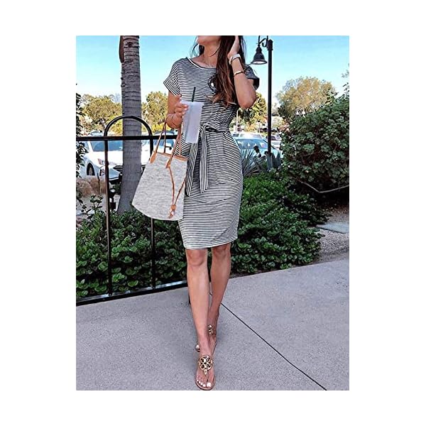 Suvotimo Women Summer Casual Short Sleeve T Shirt Dress Tie Waist Midi Dresses with Pockets (M, Blackstriped) - Image 3