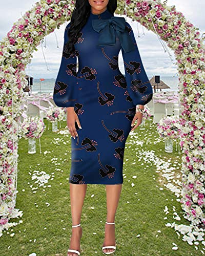 Image of Sexy Long Sleeve Dress for Women Solid Color Bow Knot Turtleneck Formal Gown Midi Casual Church Dresses