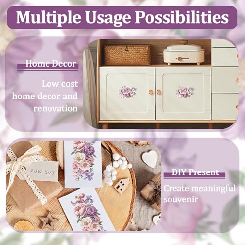 Miniatura 7 de Wandic 3 Hojas De Pegatinas De Flores Para Muebles, Calcomanías De Transferencia De Ensueño Moradas Laminas Transfer Para Gabinete Ventana De Álbumes De Recortes, 15 X 30 Cm