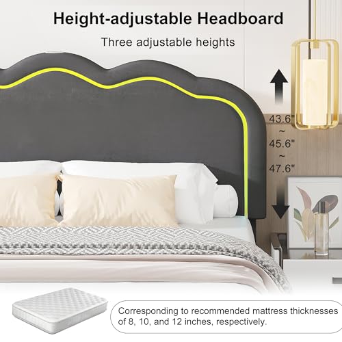 VECELO Upholstered Queen Size Bed Frame with Headboard Adjustable, LED Lights, USB-A & Type-C, Velvet Platform Bed Noise Free, Mattress Foundation with Wooden Slats, No Box Spring Needed, Dark Grey