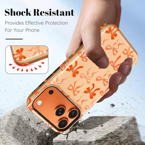 Image of Magnetic for iPhone 17 Pro Max Case for Women Men, Orange Bow | Cute Ribbon Bow Pattern Design [Compatible with MagSafe] 2-Layer Hybrid Shockproof Glossy Protective Cover