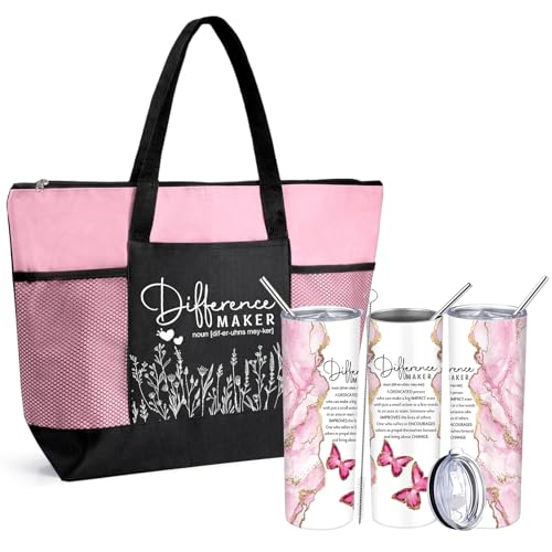 Buryeah 2 Pcs Employee Appreciation Gifts Difference Maker Gifts for Women Thank You Tote Bag & Tumbler for Coworker(Pink)