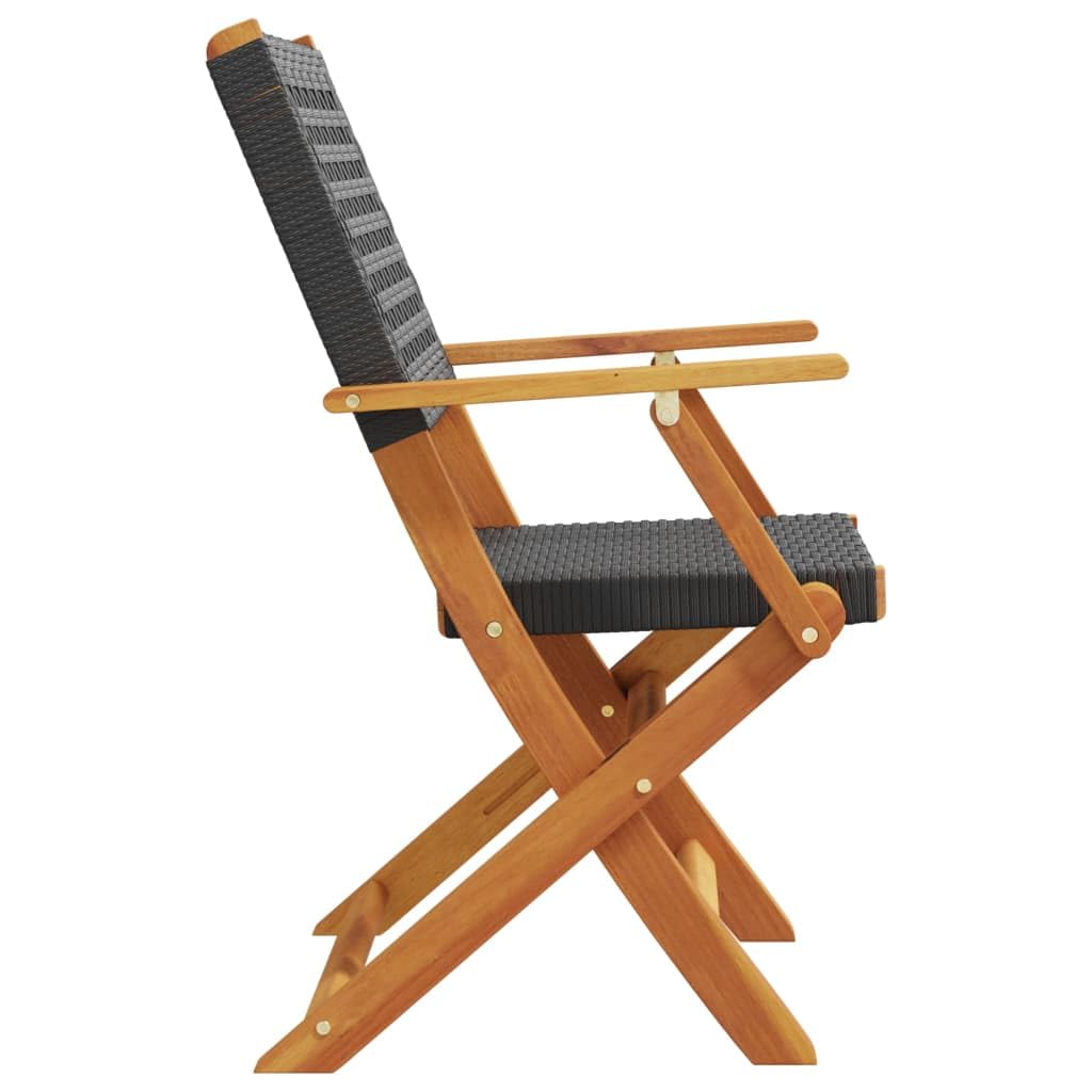 Gartenstühle 2er Set Schwarz, Massivholz Akazie & Poly Rattan, Klappbar, 54x57x91 cm, für Garten, Terrasse, Balkon, Hohe Tragfähigkeit