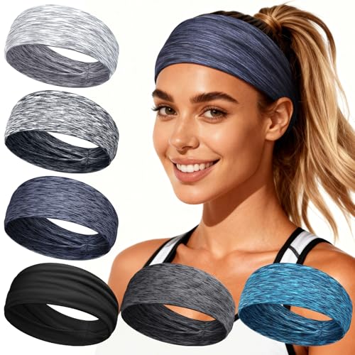 Workout Headbands for Women & Men, 6 Pack Non-Slip Wide Sweatbands - Thick Soft Elastic Hair Bands Accessories for Gym, Yoga, Running and Everyday Fashion