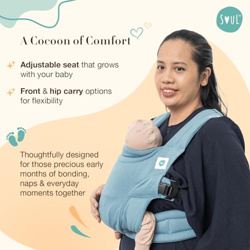 Image of Soulslings Tanu Baby Carrier Tide | Stretchy Baby Carrier for New Born & 0 to 1 Year Baby | Soft Cotton Belt with Ergonomic M Position | Adjustable Infant Carrier with Front & Hip Carry (3-10 Kgs)