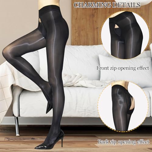 HTRUIYA Women's Shiny Pantyhose 8D Sheer Tights Oily Gloss Pantyhose Invisible Zip Adjustable Tights Smooth Stockings3