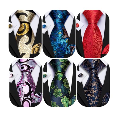 Image of Barry.Wang 6 PCS Men Ties Set Silk Business Fashion Woven Necktie Handkerchief Cufflinks Paisley Stripe Wedding Party