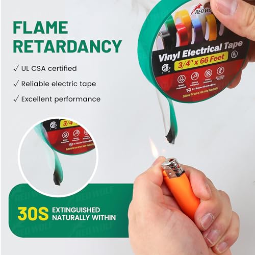 Image of RED WOLF 10 Pack Green Electrical Tape 3 /4 Inch x 66 Ft Industrial Grade UL /CSA Listed 7 Mil Thick Flame Retardant High Temp Waterproof Electrical PVC Tape Electric Super Vinyl Rated 600V