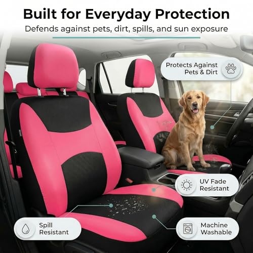 Image of FH Group Universal Car Seat Covers Front Set for SUV Truck Sedan Vans | Waterproof All-Purpose Cloth Seat Cover Set Airbag Compatible Washable Split Bench Protector Interior Upgrade - Pink