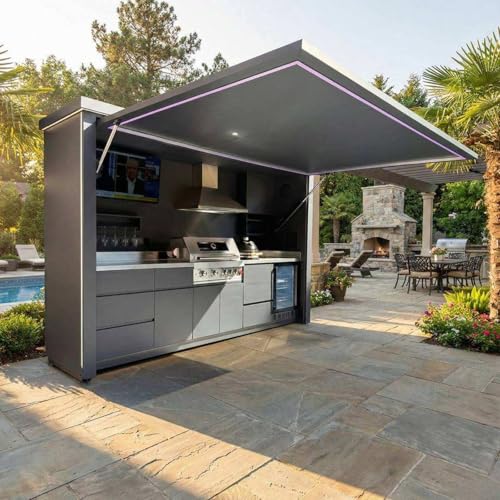 Modular Integrated Outdoor Kitchen Island, Stainless Steel BBQ Station with Grill, Sink & Storage Cabinets, Custom Layout Outdoor Cooking Unit for Private Backyard, Terrace & Patio Party