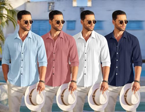 Image of FINIVO FASHION Combo of Men's Casual Cotton Plain Button Down Shirt Long Sleeve Textured Summer Beach Shirt for Men Pack of 4